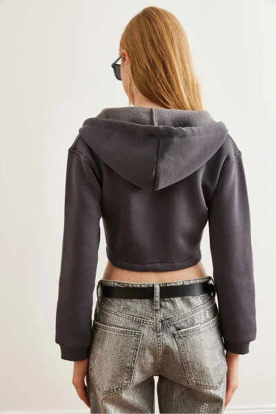 Women's Anthracite Corset Detail Hood Thistle Crop Sweatshirt SWT-19000657 - 7