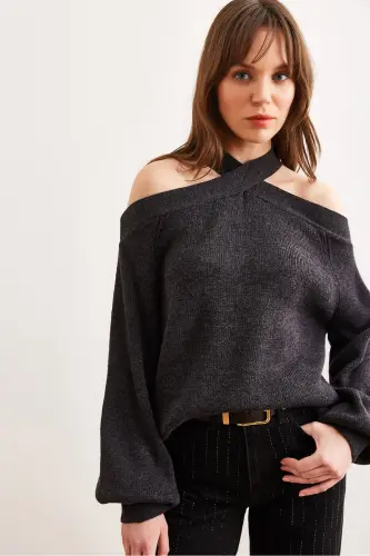 Women's Anthracite Crossover Neck Knit Sweater KZK-19000192-Anthracite 