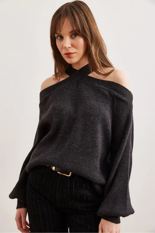 Women's Anthracite Crossover Neck Knit Sweater KZK-19000192-Anthracite - 2