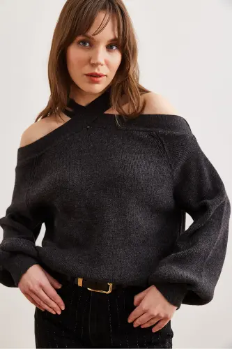 Women's Anthracite Crossover Neck Knit Sweater KZK-19000192-Anthracite - 3