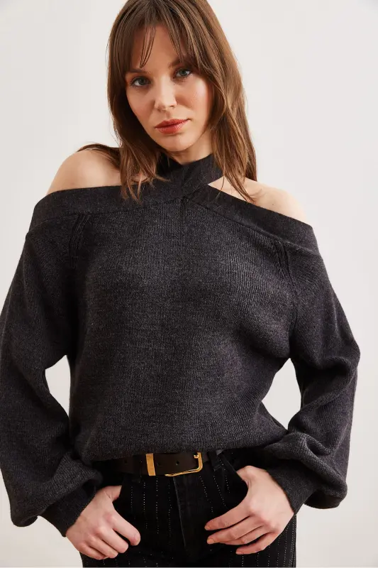 Women's Anthracite Crossover Neck Knit Sweater KZK-19000192-Anthracite - 4