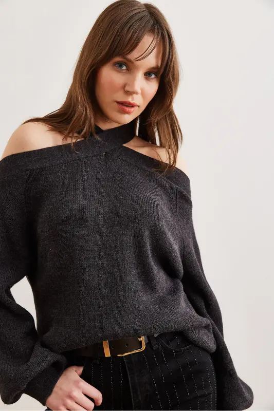 Women's Anthracite Crossover Neck Knit Sweater KZK-19000192-Anthracite - 5