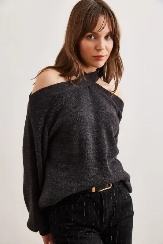 Women's Anthracite Crossover Neck Knit Sweater KZK-19000192-Anthracite - 6