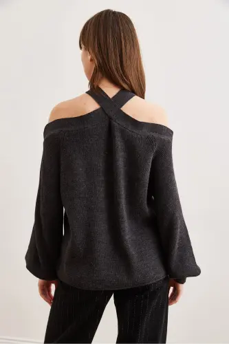 Women's Anthracite Crossover Neck Knit Sweater KZK-19000192-Anthracite - 7