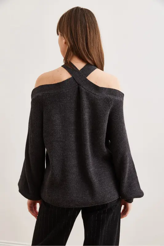 Women's Anthracite Crossover Neck Knit Sweater KZK-19000192-Anthracite - 7