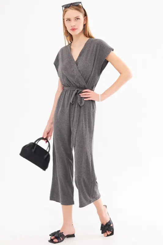Women's Anthracite Crossover Waist Belted Jumpsuit ARM-20Y042008-Anthracite - ARMONIKA