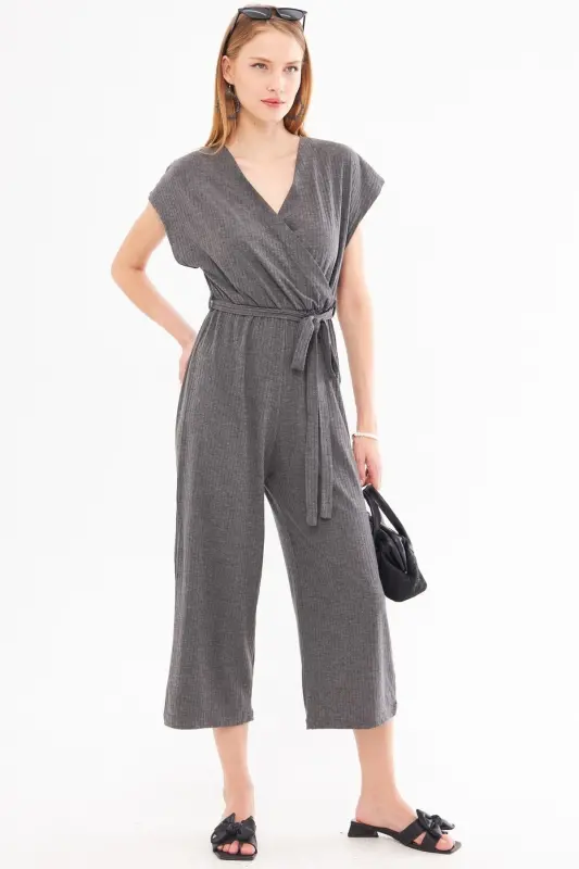Women's Anthracite Crossover Waist Belted Jumpsuit ARM-20Y042008-Anthracite - 3