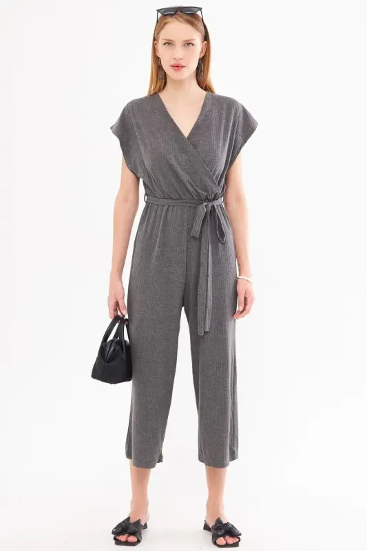 Women's Anthracite Crossover Waist Belted Jumpsuit ARM-20Y042008-Anthracite - 5