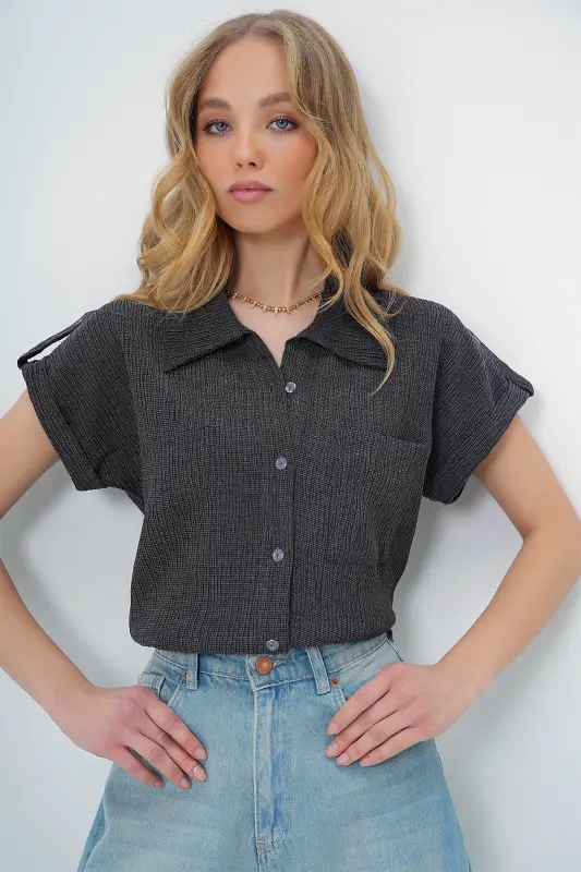 Women's Anthracite Cuffed Double Short Sleeve Textured Shirt ALC-X8724-ANTHRACITE - 3