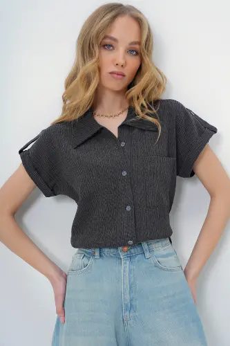 Women's Anthracite Cuffed Double Short Sleeve Textured Shirt ALC-X8724-ANTHRACITE - 4