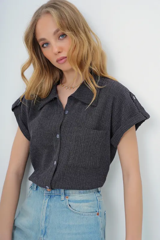 Women's Anthracite Cuffed Double Short Sleeve Textured Shirt ALC-X8724-ANTHRACITE - 5