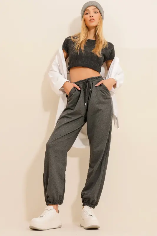 Women's Anthracite Cuffed Two-Thread Sweatpants ALC-Y2933 - 2