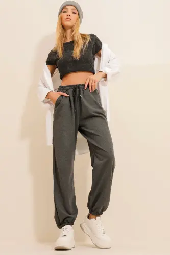 Women's Anthracite Cuffed Two-Thread Sweatpants ALC-Y2933 - 3