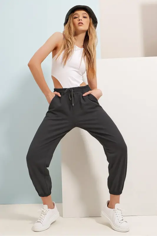 Women's Anthracite Cuffed Two-Thread Sweatpants ALC-Y2933 - 4
