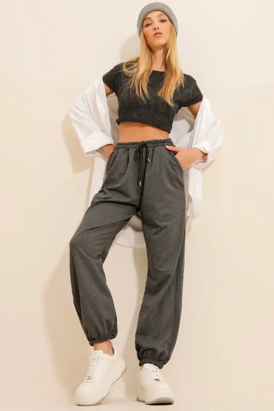 Women's Anthracite Cuffed Two-Thread Sweatpants ALC-Y2933 - 6