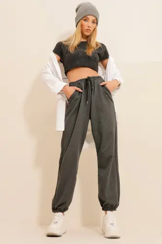 Women's Anthracite Cuffed Two-Thread Sweatpants ALC-Y2933 - 8
