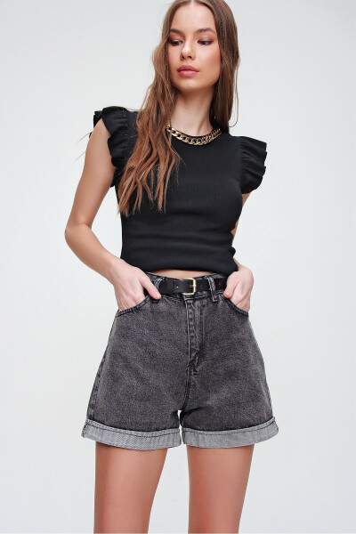 Women's Anthracite Double-Leg High Waist Denim Shorts ALC-X5938 - 2