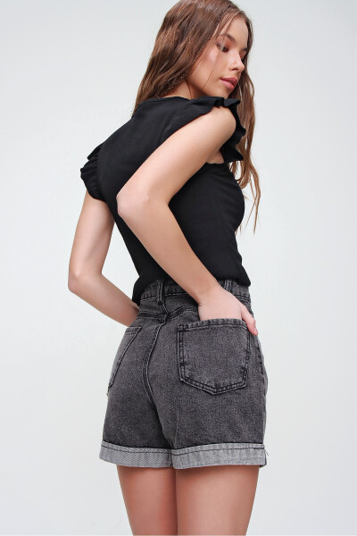 Women's Anthracite Double-Leg High Waist Denim Shorts ALC-X5938 - 5