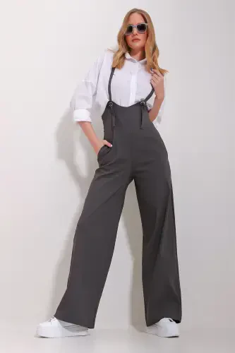 Women's Anthracite Double Pocket Strap Lycra Jumpsuit Overalls ALC-X11539-ANTRASIT - 1