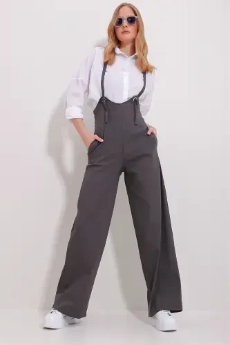 Women's Anthracite Double Pocket Strap Lycra Jumpsuit Overalls ALC-X11539-ANTRASIT - 2