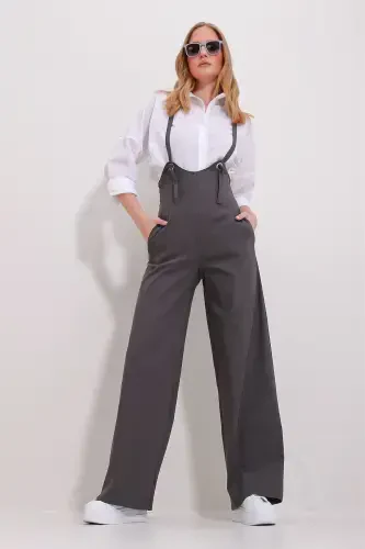 Women's Anthracite Double Pocket Strap Lycra Jumpsuit Overalls ALC-X11539-ANTRASIT - 3