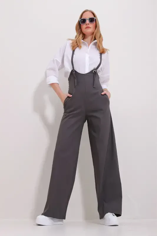 Women's Anthracite Double Pocket Strap Lycra Jumpsuit Overalls ALC-X11539-ANTRASIT - 3