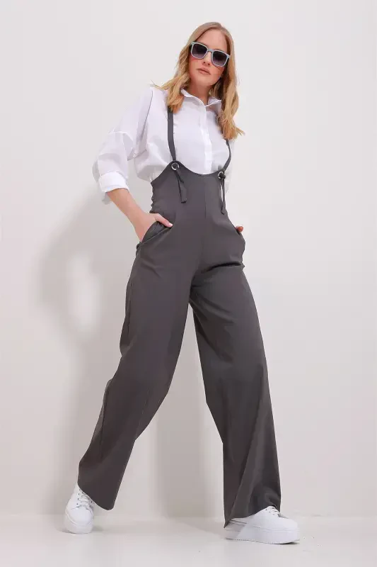 Women's Anthracite Double Pocket Strap Lycra Jumpsuit Overalls ALC-X11539-ANTRASIT - 4