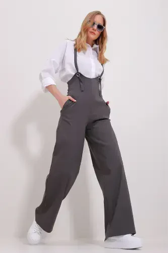 Women's Anthracite Double Pocket Strap Lycra Jumpsuit Overalls ALC-X11539-ANTRASIT - 5