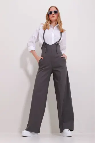 Women's Anthracite Double Pocket Strap Lycra Jumpsuit Overalls ALC-X11539-ANTRASIT - 3