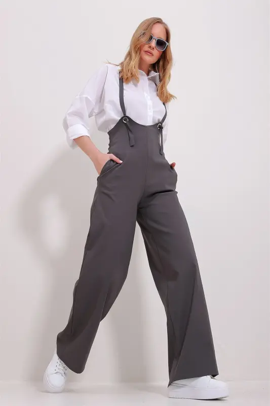 Women's Anthracite Double Pocket Strap Lycra Jumpsuit Overalls ALC-X11539-ANTRASIT - 5