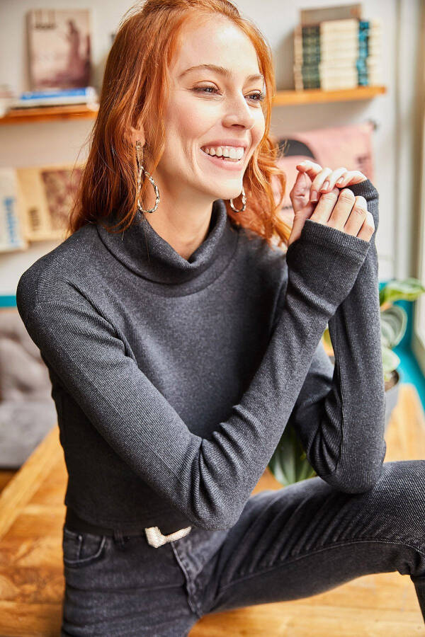 Women's Anthracite Fisherman Collar Finger Detail Lycra Crop Blouse BLZ-19001644 - 1