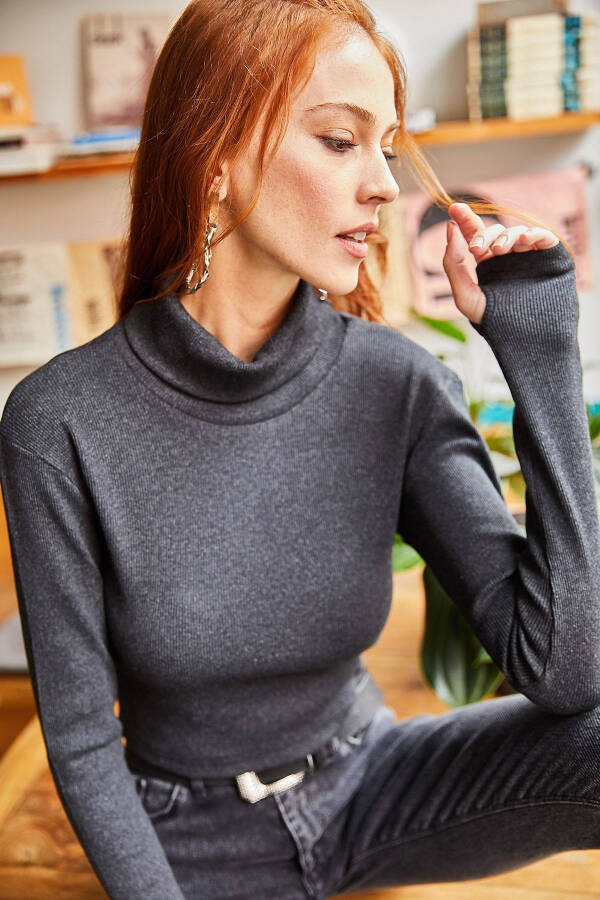 Women's Anthracite Fisherman Collar Finger Detail Lycra Crop Blouse BLZ-19001644 - 2