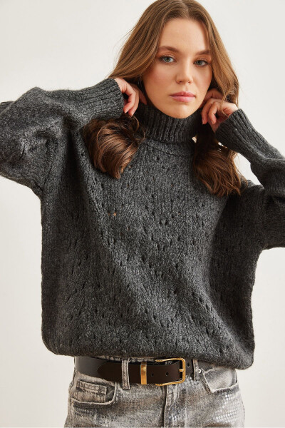 Women's Anthracite Fisherman Collar Soft Textured Knit Pullover KZK-19000892 - OLALOOK