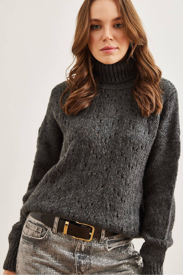 Women's Anthracite Fisherman Collar Soft Textured Knit Pullover KZK-19000892 - 2