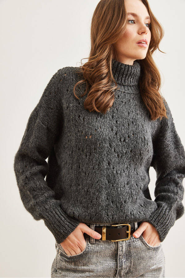 Women's Anthracite Fisherman Collar Soft Textured Knit Pullover KZK-19000892 - 4