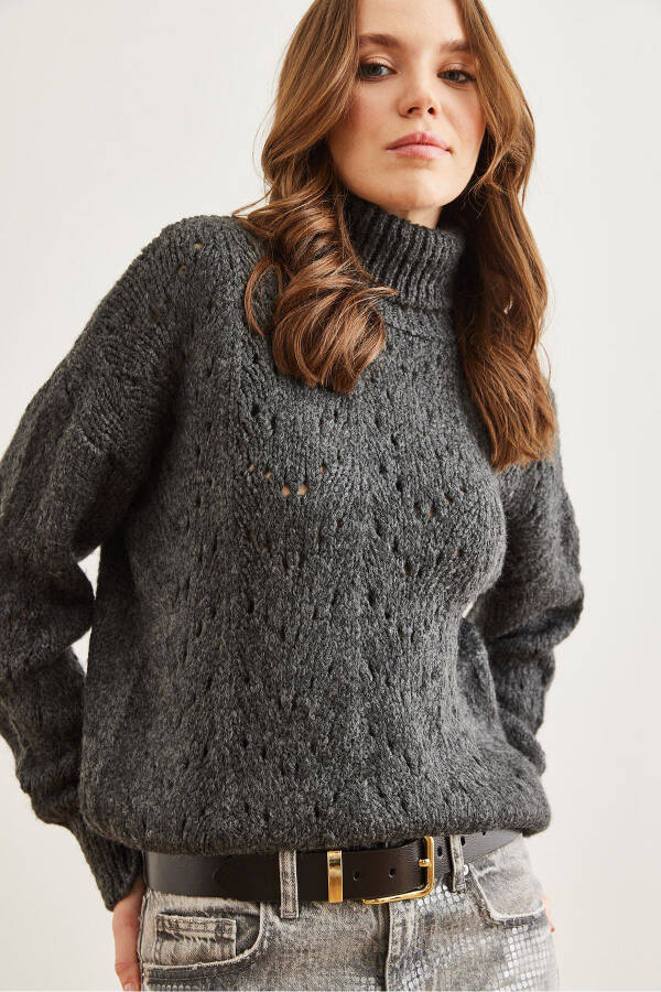 Women's Anthracite Fisherman Collar Soft Textured Knit Pullover KZK-19000892 - 5