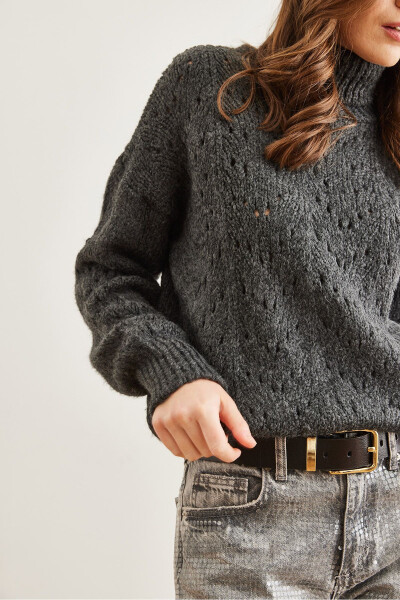 Women's Anthracite Fisherman Collar Soft Textured Knit Pullover KZK-19000892 - 6