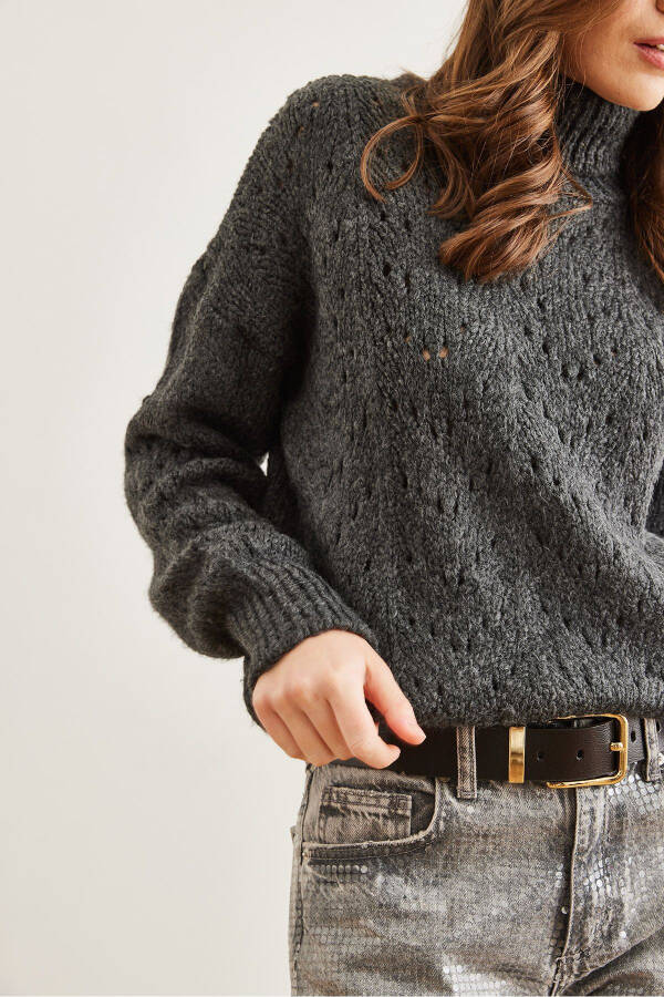 Women's Anthracite Fisherman Collar Soft Textured Knit Pullover KZK-19000892 - 6