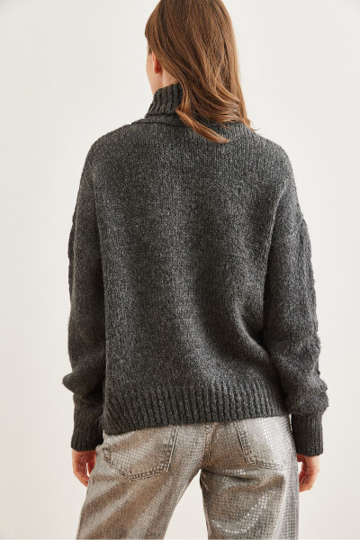 Women's Anthracite Fisherman Collar Soft Textured Knit Pullover KZK-19000892 - 7