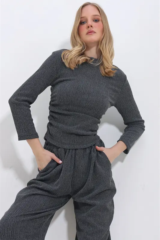 Women's Anthracite Half Fisherman Collar Ruched Blouse ALC-X11411 - 3