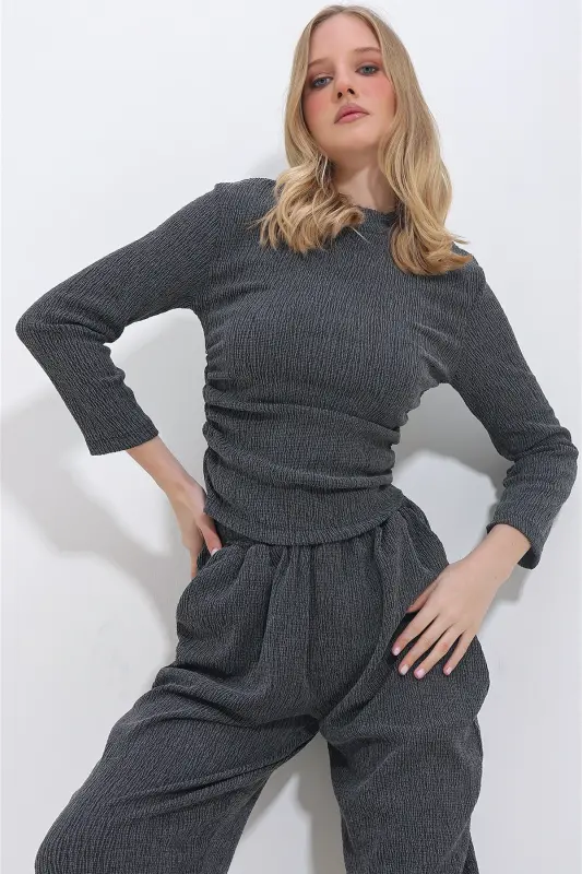 Women's Anthracite Half Fisherman Collar Ruched Blouse ALC-X11411 - 4