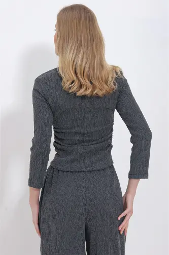 Women's Anthracite Half Fisherman Collar Ruched Blouse ALC-X11411 - 5