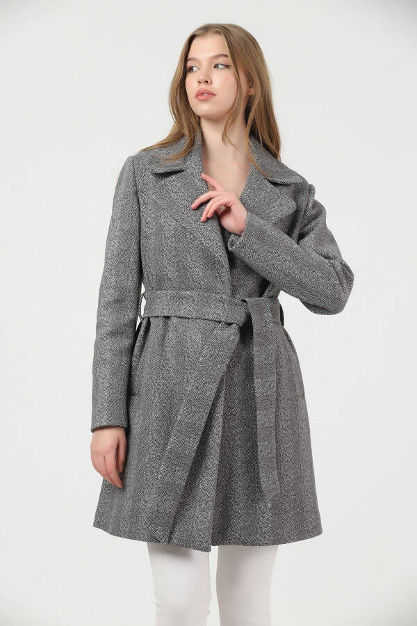 Women's Anthracite Herringbone Wide Collar Cashmere Coat - 2