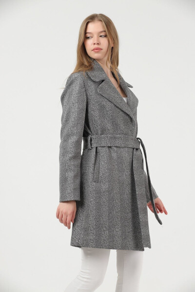 Women's Anthracite Herringbone Wide Collar Cashmere Coat - 3