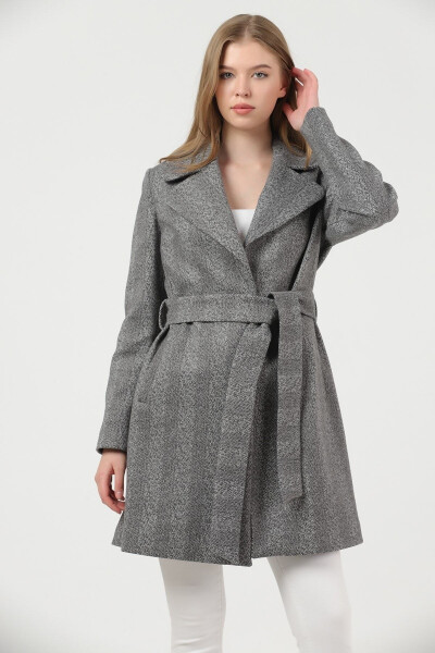 Women's Anthracite Herringbone Wide Collar Cashmere Coat - 4