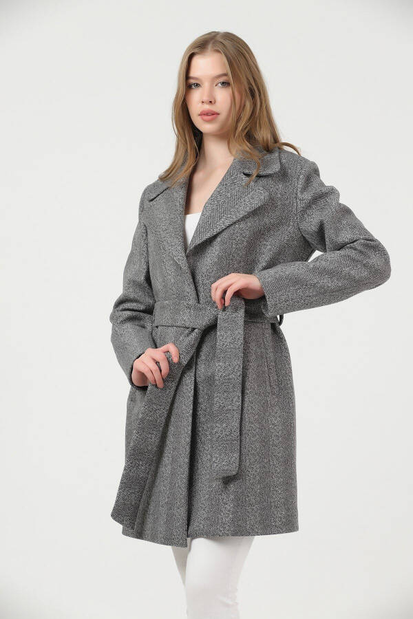 Women's Anthracite Herringbone Wide Collar Cashmere Coat - 5