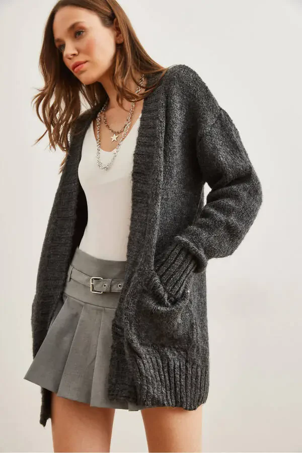 Women's Anthracite Hooded Soft Textured Knit Cardigan HRK-19000324 - 1