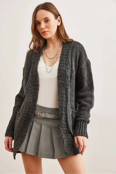 Women's Anthracite Hooded Soft Textured Knit Cardigan HRK-19000324 - OLALOOK (1)