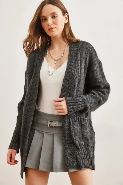 Women's Anthracite Hooded Soft Textured Knit Cardigan HRK-19000324 - 3