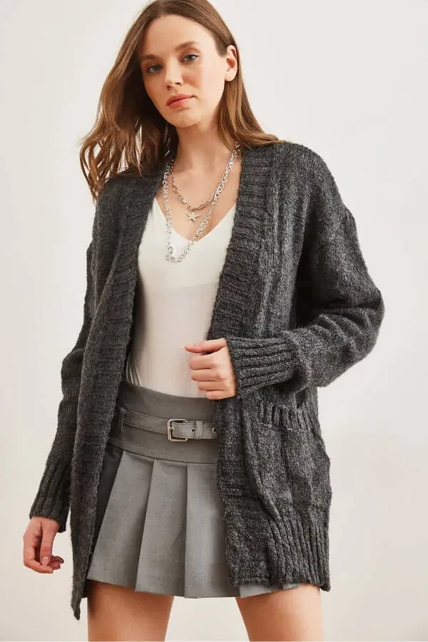 Women's Anthracite Hooded Soft Textured Knit Cardigan HRK-19000324 - 3